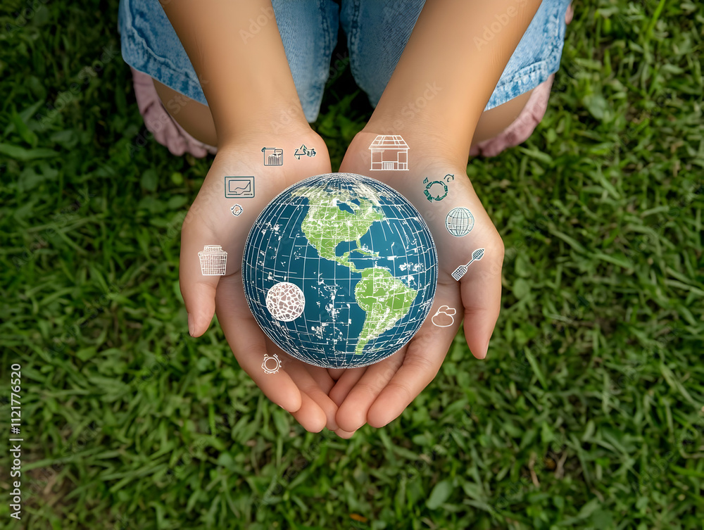 Earth Illustration: Child's Hands Holding Planet Earth Illustration: Child's Hands Holding Planet