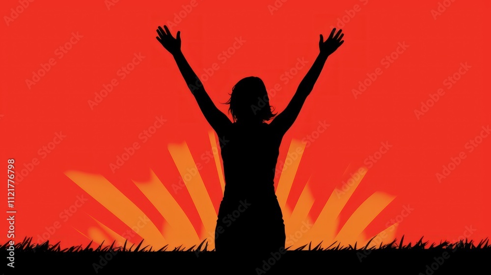 A silhouetted figure with raised arms against a vibrant sunset background. A silhouetted figure with raised arms against a vibrant sunset background.