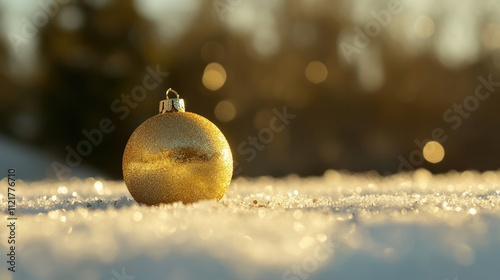 A close-up of a gold bauble on a snowy surface, with delicate golden sparkles in the background photo