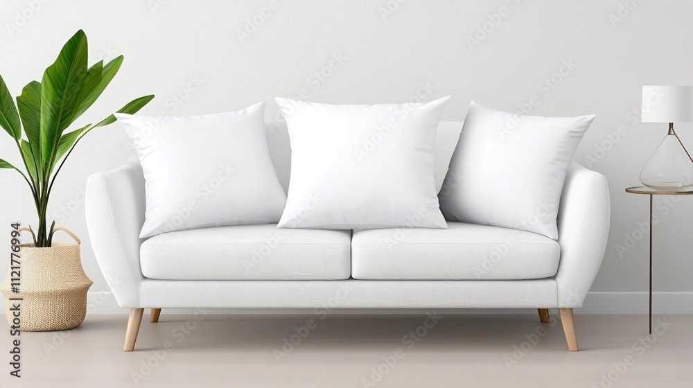 Naklejka premium A modern white sofa with decorative pillows and a plant nearby.