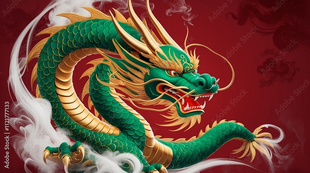 Obraz premium Illustration of Fierce Golden Horned Dragon in Mystical Glory. 