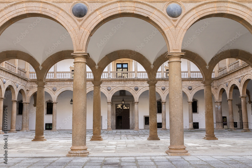 Elegant columns of the Hospital de Tavera in Toledo, Spain, showcasing Renaissance architecture with intricate detailing and classical style. Elegant columns of the Hospital de Tavera in Toledo, Spain, showcasing Renaissance architecture with intricate detailing and classical style.