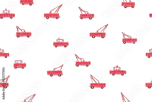 Seamless pattern of red tow trucks and police cars on a white background.