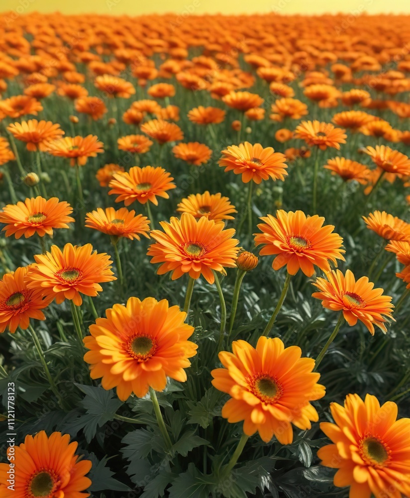 Vibrant orange chrysanthemum flowers against a bright yellow background in a field on a sunny autumn day, sunny, flowers Vibrant orange chrysanthemum flowers against a bright yellow background in a field on a sunny autumn day, sunny, flowers
