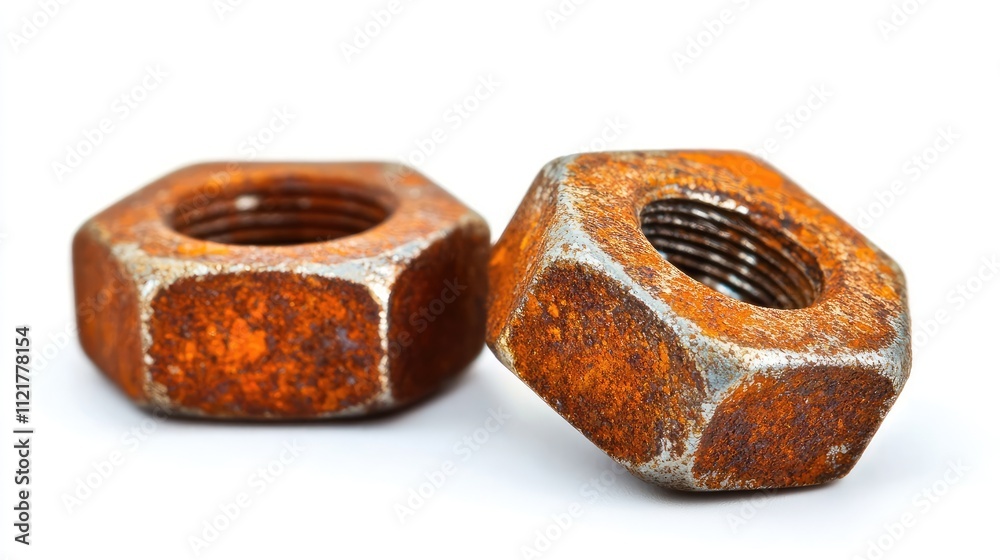 Rusty steel nuts on a white background showcasing corrosion and texture of aged fasteners for industrial and mechanical design concepts Rusty steel nuts on a white background showcasing corrosion and texture of aged fasteners for industrial and mechanical design concepts