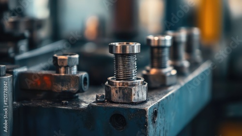 Industrial screw press components with selective focus highlighting intricate metallic details and precision engineering on a workshop table.