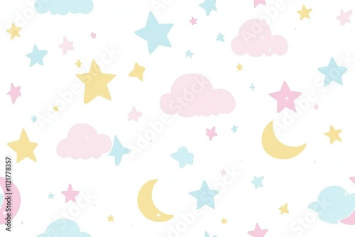 Seamless pattern of stars, moons and clouds on a white background. photo