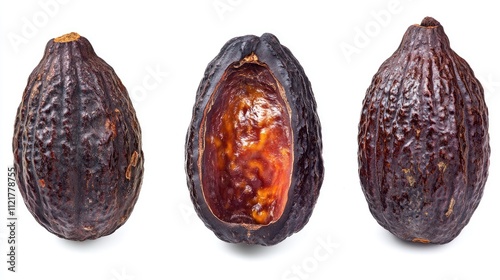 Rotten cocoa fruit with darkened exterior and exposed interior showcasing deterioration on a white background photo