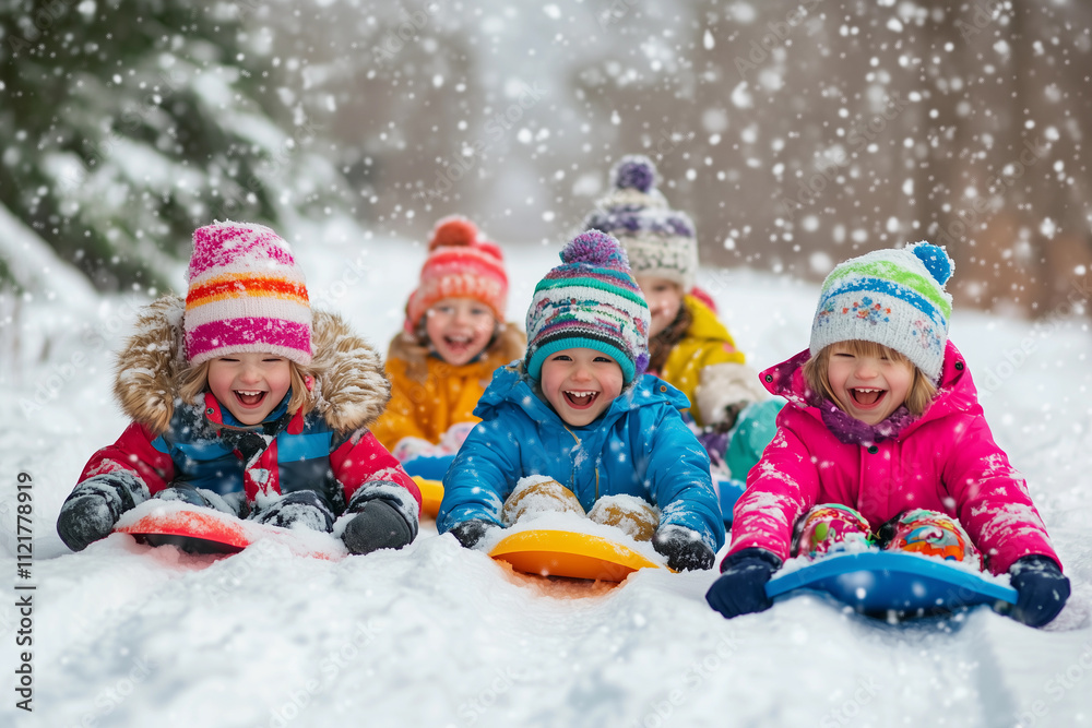 a group of children riding sleds down a snow covered slope in the snow with snow falling on them a group of children riding sleds down a snow covered slope in the snow with snow falling on them