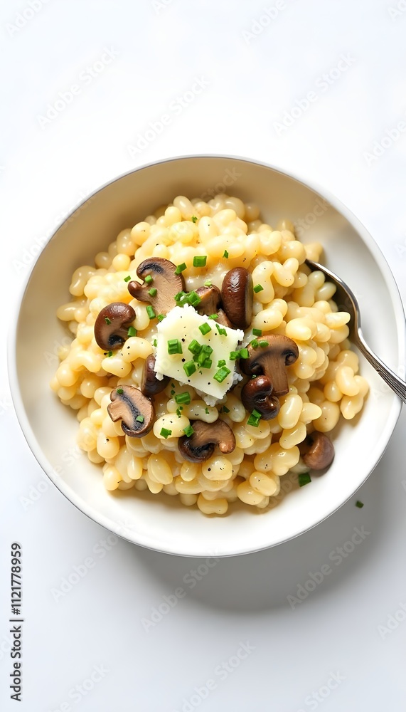 Elegant Mushroom Risotto with Parmesan and Fresh Herbs on White Background Elegant Mushroom Risotto with Parmesan and Fresh Herbs on White Background