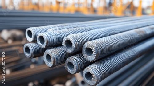 Screw thread steel bars stacked at a construction site showcasing industrial materials for structural assembly and support systems.