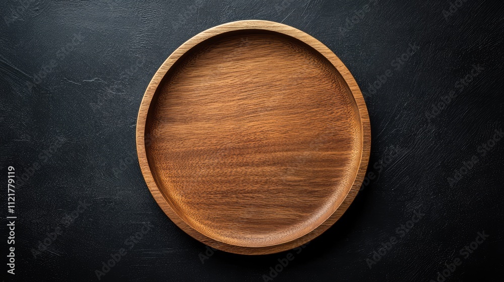 Round wooden serving plate on dark background viewed from above showcasing natural texture and craftsmanship Round wooden serving plate on dark background viewed from above showcasing natural texture and craftsmanship