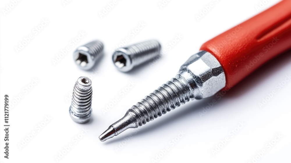 Screws and red screwdriver on white background showcasing tools for assembling and repairing equipment or furniture Screws and red screwdriver on white background showcasing tools for assembling and repairing equipment or furniture