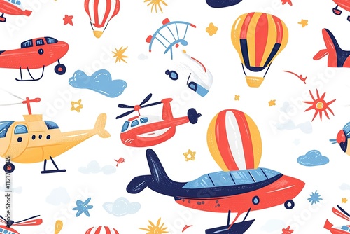 Seamless pattern with airplanes, helicopters, hot air balloons and clouds.