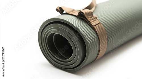 Rolled green camping mat with strap displayed on a white background for outdoor and adventure-related themes photo