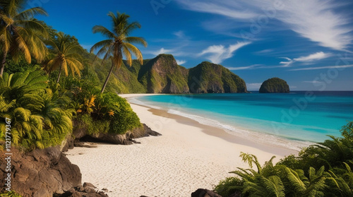 A tranquil and isolated beach, where turquoise waters gently lap against the shore, and fine, powdery white sand stretches towards the horizon, framed by a lush verdant landscape of swaying palms, 