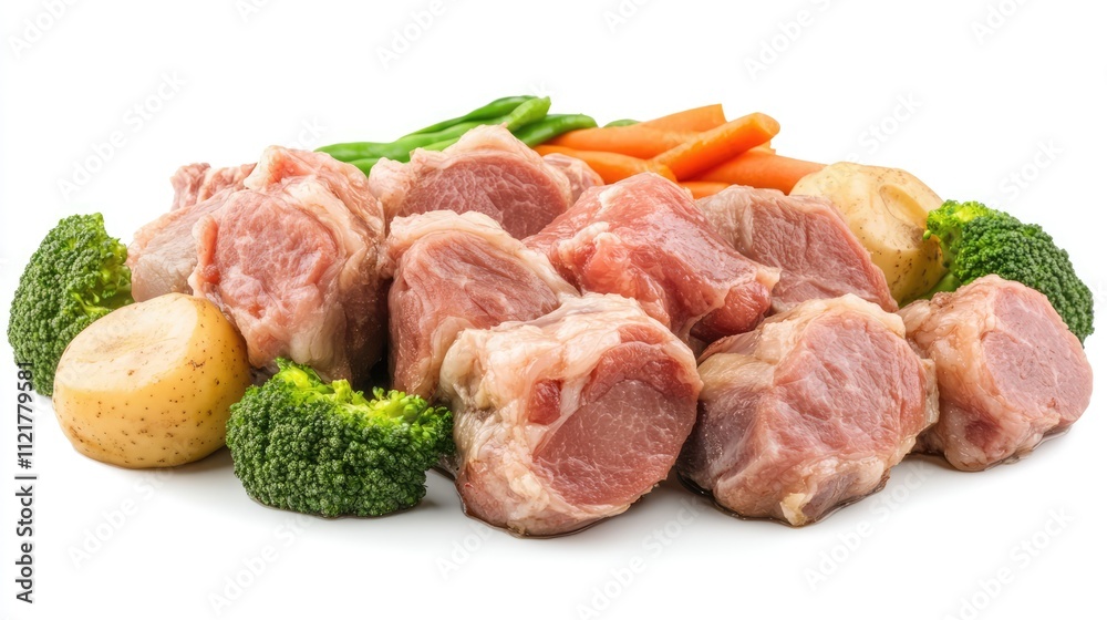 Roast pork with assorted vegetables presented on a white background for a delicious culinary display Roast pork with assorted vegetables presented on a white background for a delicious culinary display