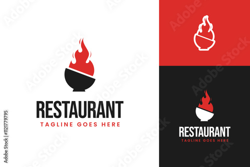Bowl and flame logo design for hot cuisine and spicy food restaurant concept symbol illustration