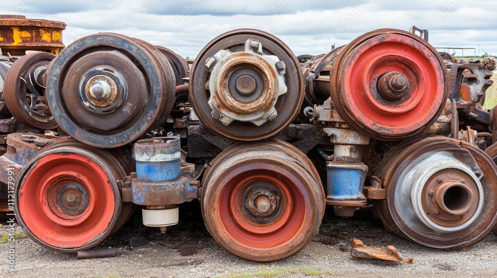 Old truck axles piled in a scrapyard showcasing rusted metal and worn tires against a cloudy sky background Old truck axles piled in a scrapyard showcasing rusted metal and worn tires against a cloudy sky background
