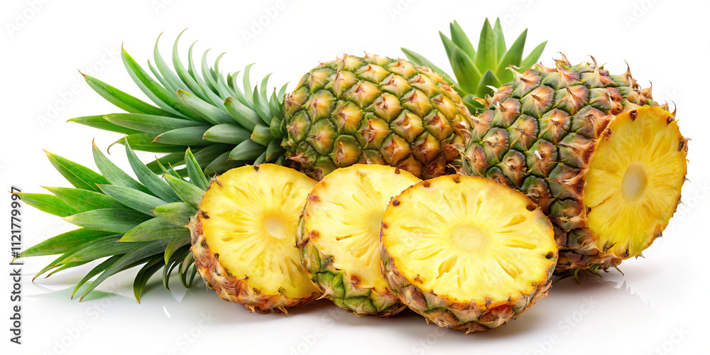 Fototapeta premium Vibrant pineapples sit on a clean surface, showcasing their spiky green tops and golden flesh. Slices are arranged to highlight their juicy texture and tropical appeal