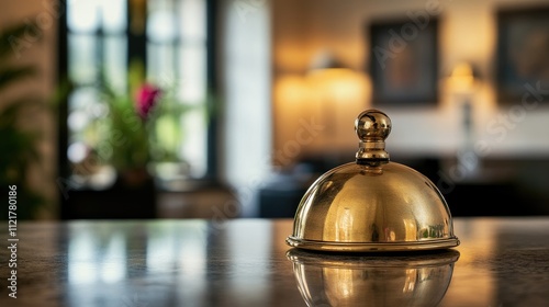 Vintage reception bell on an elegant hotel reception desk with blurred background highlighting a warm and inviting atmosphere photo