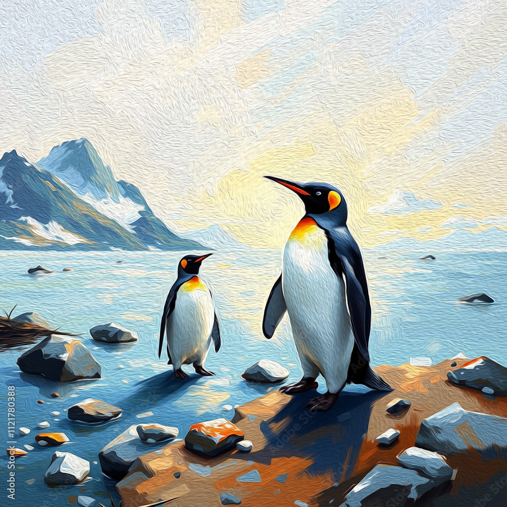 Fototapeta premium Penguin. Animal illustration with oil paint. Pattern for printing on wall decorations, covers, wallpapers
