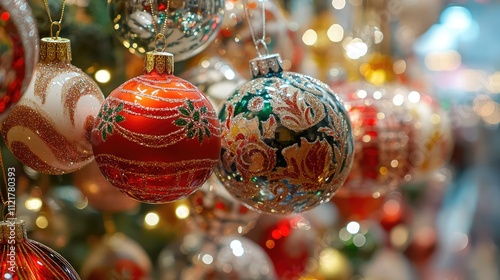 Christmas ornaments decorations in shopping mall showcasing festive spirit and consumerism during holiday season in St Petersburg Russia photo