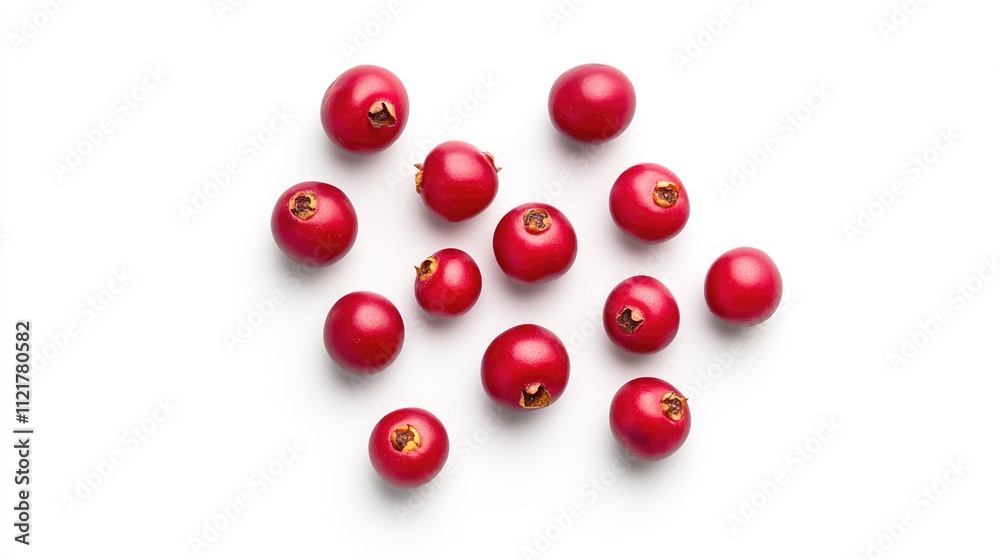 Saskatoon berries scattered on a clean white background showcasing their vibrant red color and natural texture Saskatoon berries scattered on a clean white background showcasing their vibrant red color and natural texture