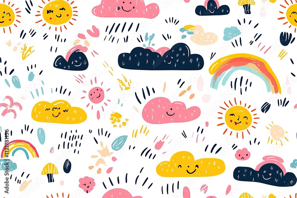 Seamless pattern with cute sun, clouds, and rainbows on white background. Seamless pattern with cute sun, clouds, and rainbows on white background.