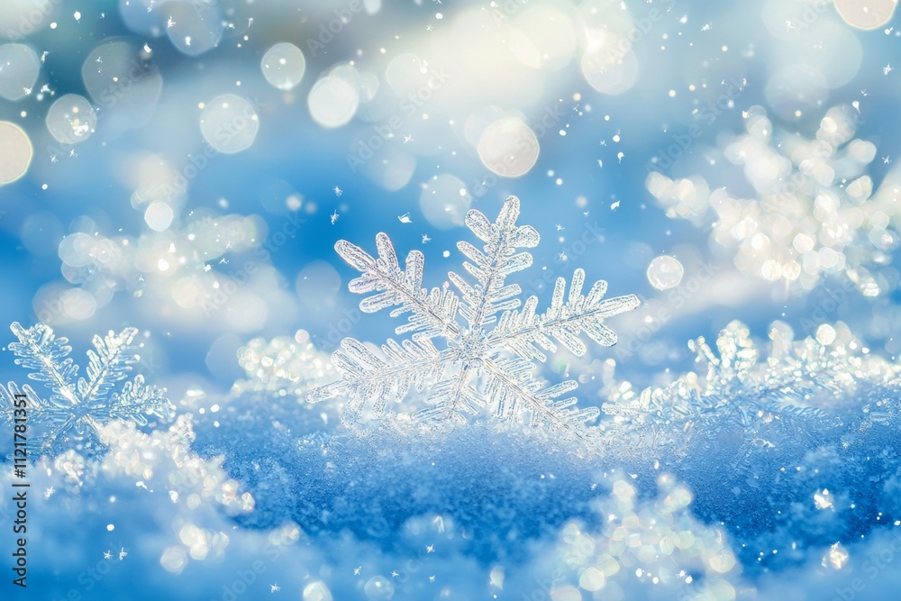 Delicate snowflakes rest on a soft, blue background with sparkling bokeh lights. This image represents winter, purity, and seasonal elegance, ideal for holiday or winter-themed designs. Delicate snowflakes rest on a soft, blue background with sparkling bokeh lights. This image represents winter, purity, and seasonal elegance, ideal for holiday or winter-themed designs.