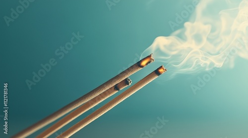 Burning Incense Sticks with Smoke on Teal Background