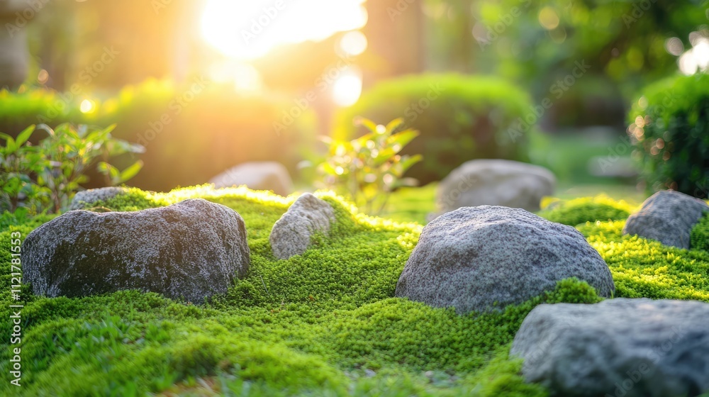 Mossy rocks in a sunlit forest landscape creating a serene and tranquil natural scenery for outdoor relaxation and meditation. Mossy rocks in a sunlit forest landscape creating a serene and tranquil natural scenery for outdoor relaxation and meditation.