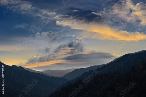 Autumn landscape at sunset from Morton Overlook, Great Smoky Mountains National Park, Tennessee, USA