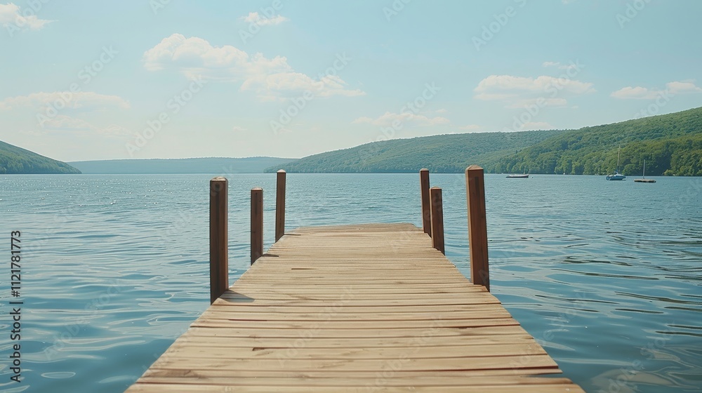 Fototapeta premium Tranquil wooden path leading to serene lake minimalist nature landscape wallpaper