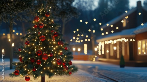 A realistic 3D Christmas tree with sparkling ornaments, a snowy ground, and twinkling lights in the background, offering plenty of copy space.
