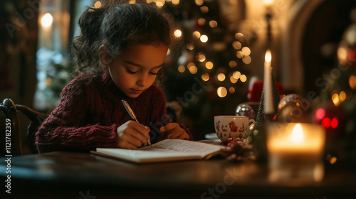 Bambina scrive i propri desideri per babbo natale photo