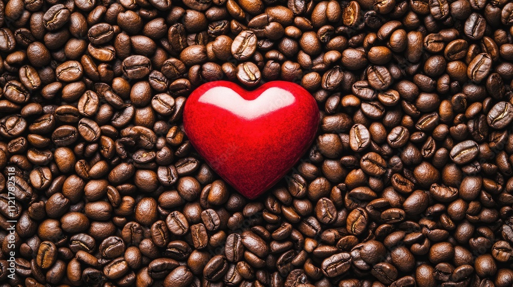 Roasted coffee beans texture with a vibrant red heart centerpiece creating a warm and inviting atmosphere for coffee lovers Roasted coffee beans texture with a vibrant red heart centerpiece creating a warm and inviting atmosphere for coffee lovers