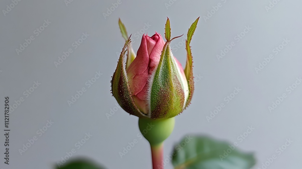 Delicate pink rose bud with green sepals set against a soft white background symbolizing beauty and new beginnings Delicate pink rose bud with green sepals set against a soft white background symbolizing beauty and new beginnings