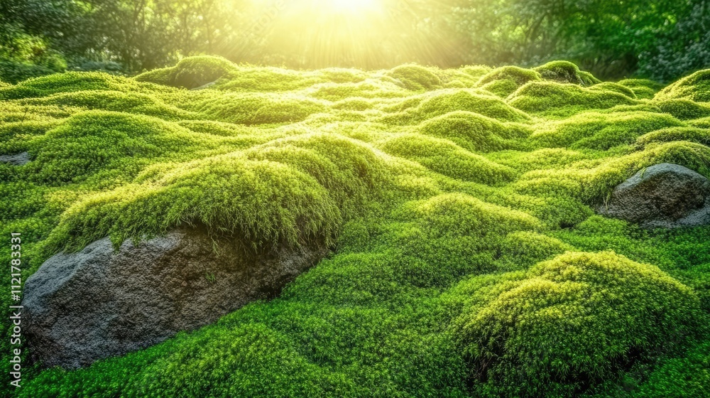 Lush green moss covering rocks in a serene forest illuminated by sunlight creating a tranquil and vibrant natural landscape Lush green moss covering rocks in a serene forest illuminated by sunlight creating a tranquil and vibrant natural landscape