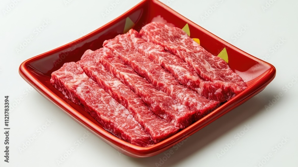 Sliced marbled roast beef arranged on a vibrant red plate against a clean white background Sliced marbled roast beef arranged on a vibrant red plate against a clean white background