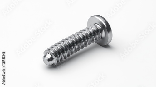 Metal screw isolated on a clean white background showcasing its threads and head design for industrial and mechanical use.