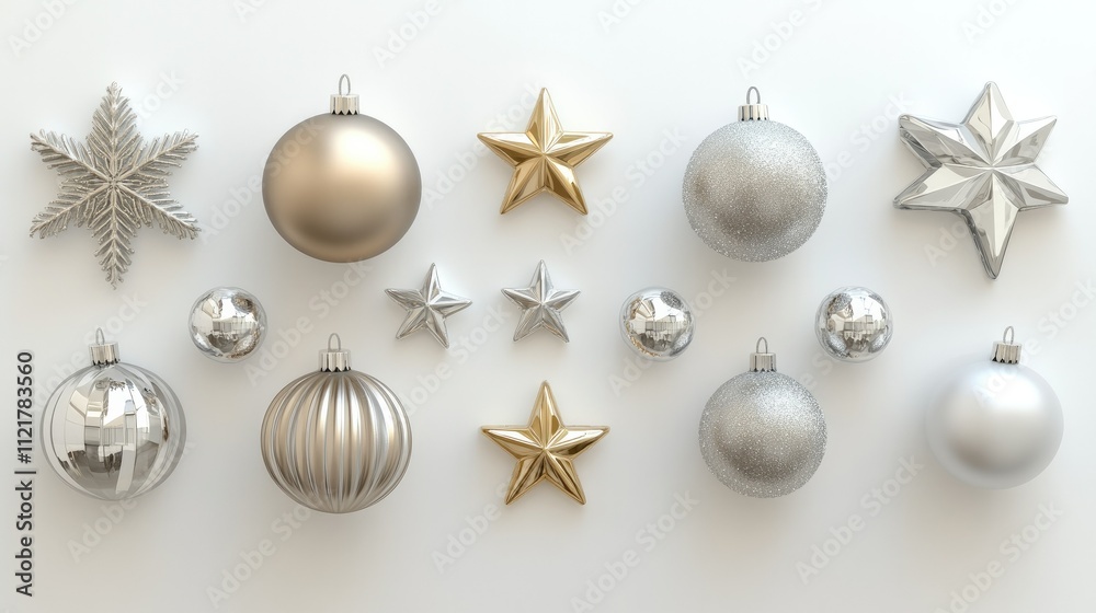A stylish 3D rendering of Christmas decorations, including baubles, stars, and snowflakes, placed symmetrically on a white background for a chic holiday design A stylish 3D rendering of Christmas decorations, including baubles, stars, and snowflakes, placed symmetrically on a white background for a chic holiday design