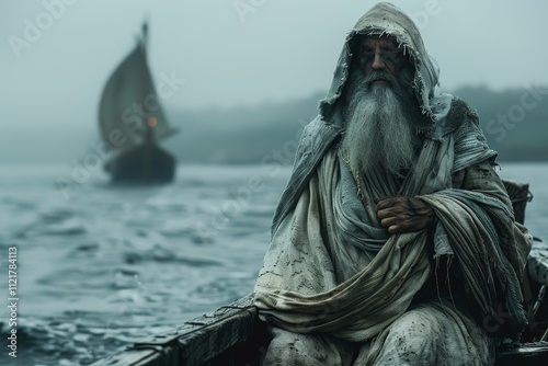 A Mysterious Bearded Man in a Hooded Garment Sitting Alone in a Small Boat on Foggy Waters with a Distant Sailing Ship in the Background photo