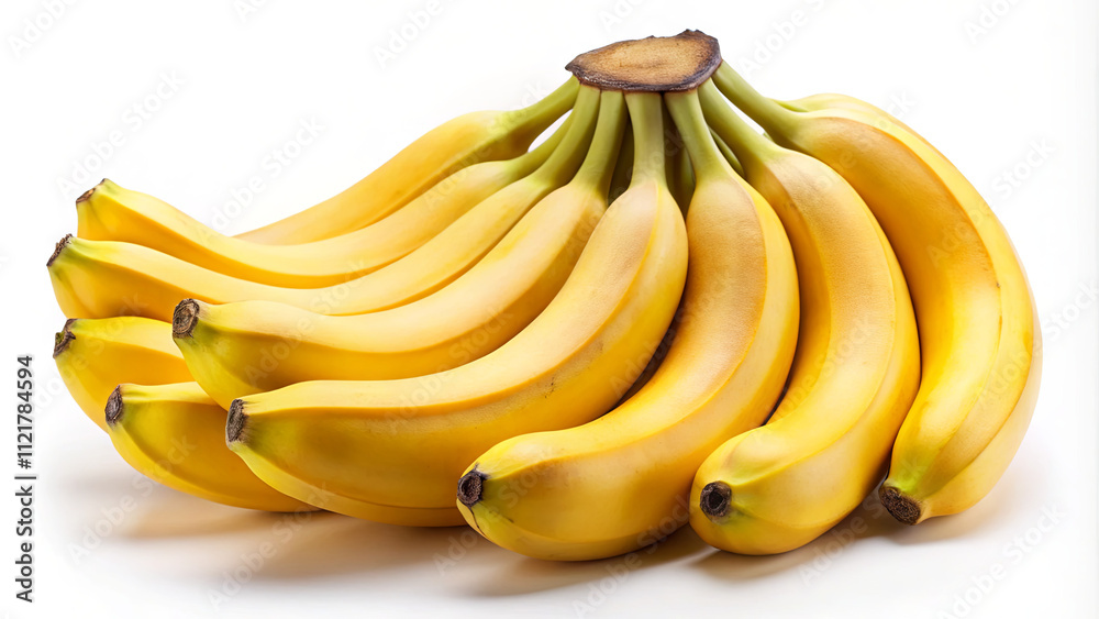 A cluster of ripe yellow bananas displays their smooth skin and natural curves. The arrangement highlights their fresh appearance against a clean white backdrop A cluster of ripe yellow bananas displays their smooth skin and natural curves. The arrangement highlights their fresh appearance against a clean white backdrop