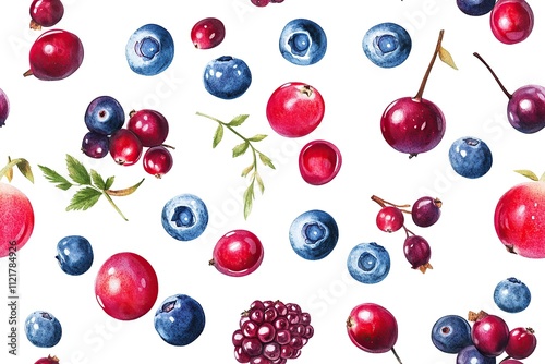 Watercolor seamless pattern with blueberries, cranberries and blackberries on white background.