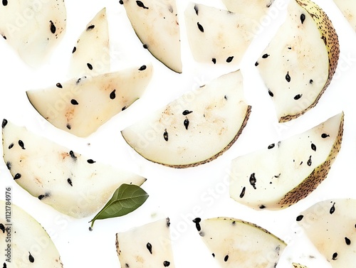 White watermelon slices with seeds and a single green leaf, arranged on a white background.