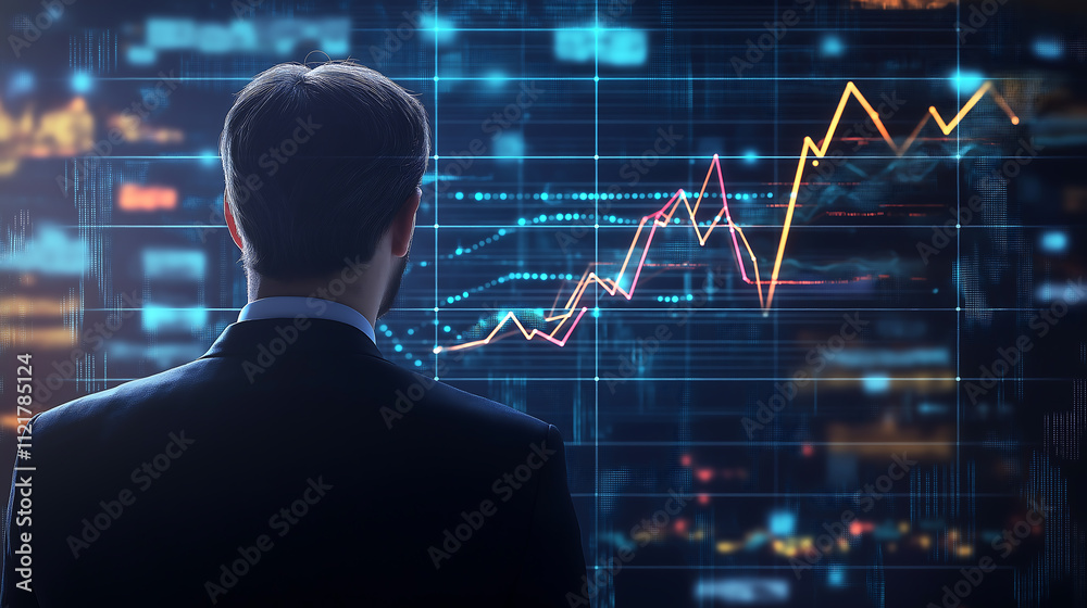businessman standing infront of a graph, space for text, business background, generative ai businessman standing infront of a graph, space for text, business background, generative ai