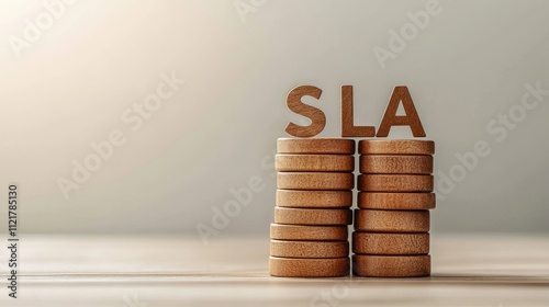 SLA service level agreement concept with stacked wooden coins and letters on a minimalist background symbolizing business commitment and performance photo