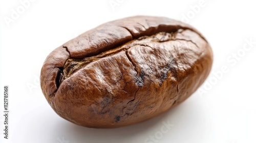 Close up of a single roasted coffee bean isolated on a white background showcasing its rich texture and unique features in macro detail