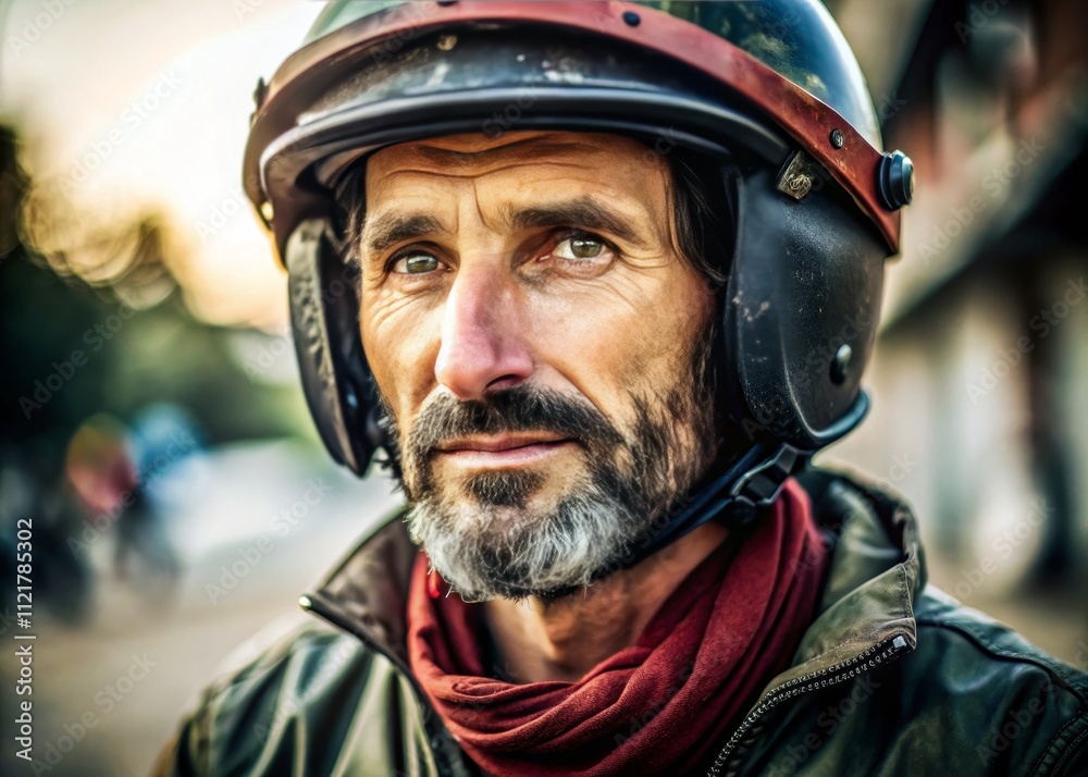Helmet-clad adventurer: candid motorcycle portrait, action-packed, fearless expression. Helmet-clad adventurer: candid motorcycle portrait, action-packed, fearless expression.